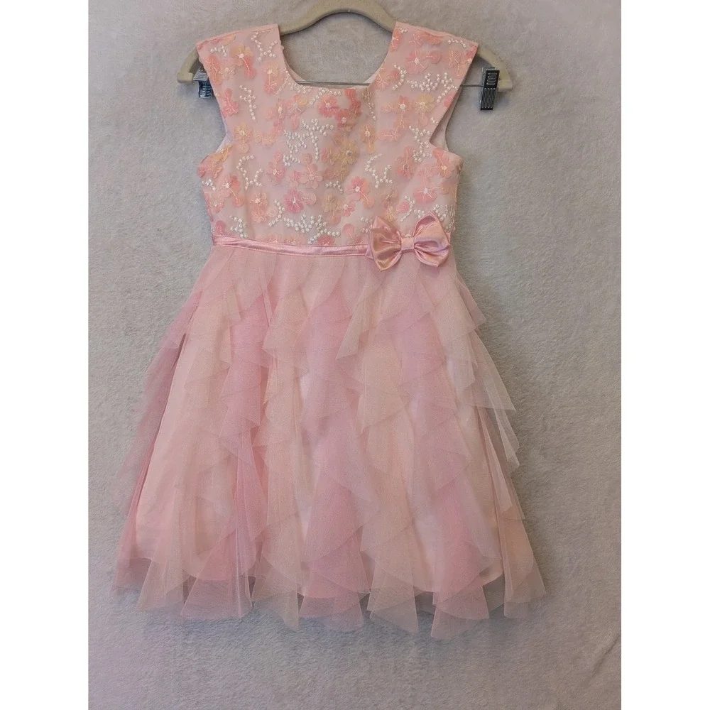Jona‎ Michelle Girls Pink Floral Embroidered Tulle Ruffle Party Dress Size 7